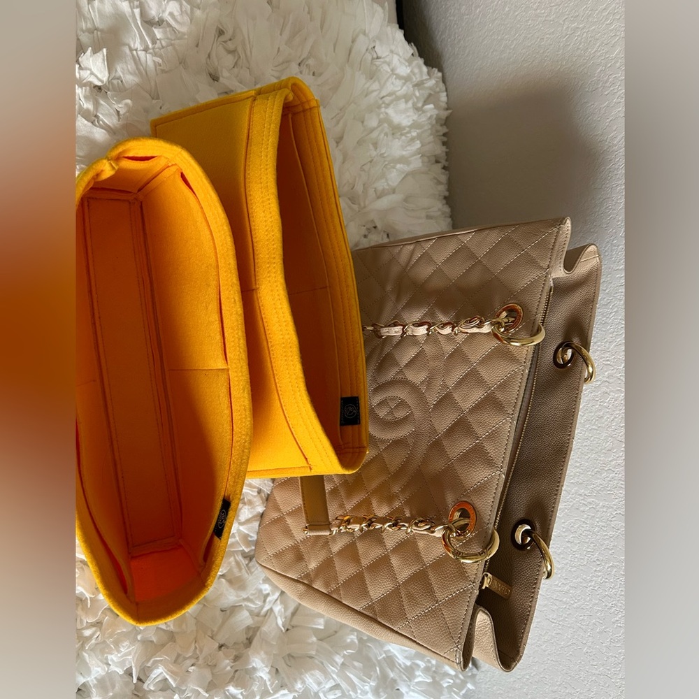 Beige Quilted Tote with Yellow Organizer